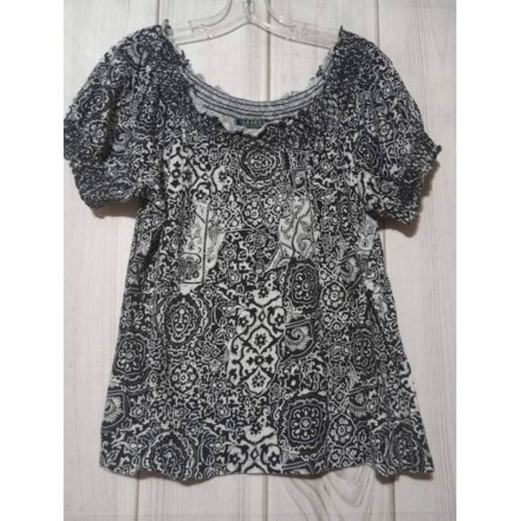 Lauren Ralph Lauren Tops - Lauren Ralph Lauren Black White‎ Paisley Smocked Peasant Blouse Top Large Cotton